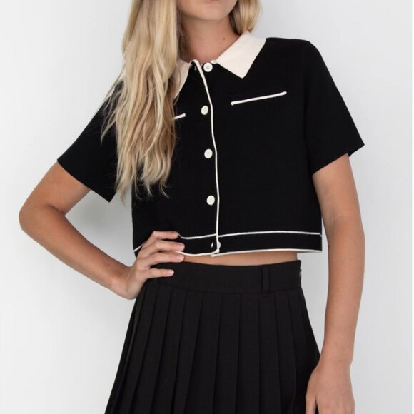 OAK + FORT - CROPPED KNIT CONTRAST TRIM TOP - XS - Picture 4 of 4